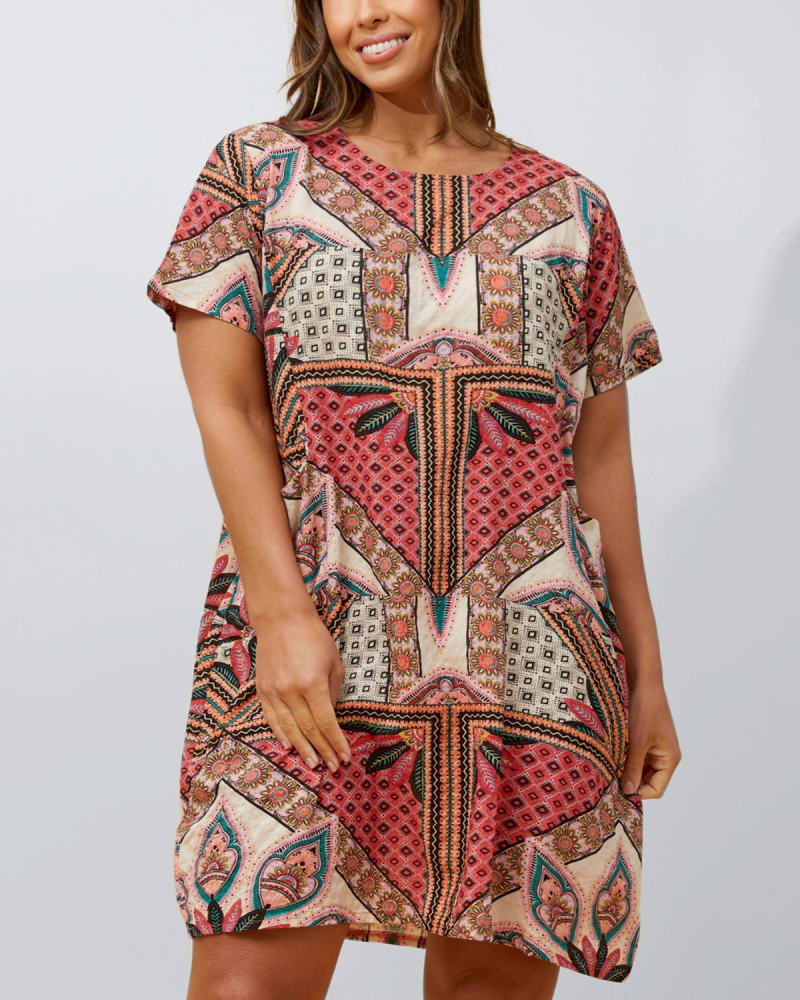 Front of a model wearing a size XL/1X Lucia Dress Straight Loose Style Boho Print in Multicolor by ANNICK. | dia_product_style_image_id:352543